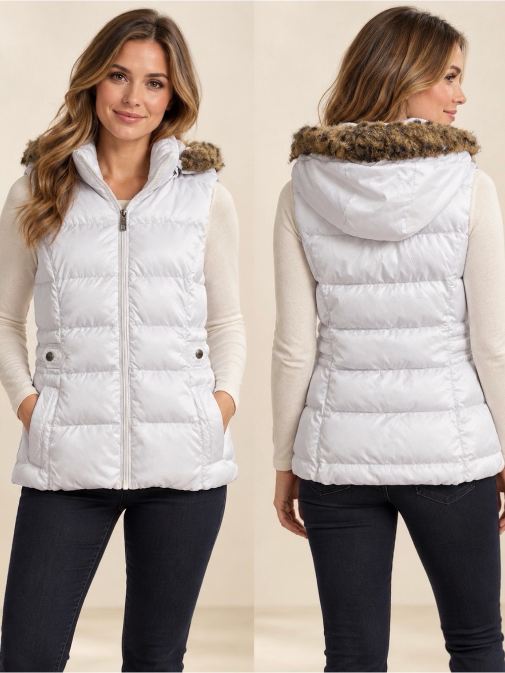 Denver Hayes White Hooded Puffer Vest Women’s M